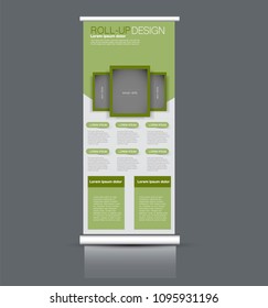 Roll up stand design. Vertical banner template. Vector illustration. Green color.