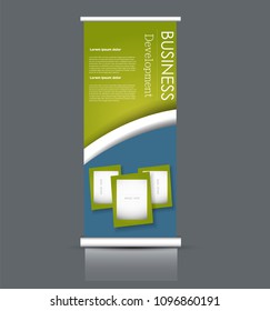 Roll up stand design. Vertical banner template. Vector illustration. Blue and green color.