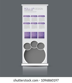 Roll up stand design. Vertical banner template. Vector illustration. Purple color.