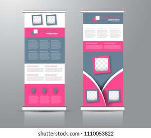 Roll up stand design. Vertical banner template for education, business, presentation, advertisement. Vector illustration. Pink and grey color.