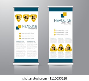 Roll up stand design. Vertical banner template for education, business, presentation, advertisement. Vector illustration. Blue and yellow color.
