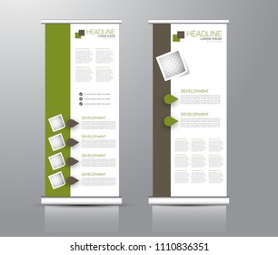 Roll up stand design. Vertical banner template for education, business, presentation, advertisement. Vector illustration. Green and brown color.