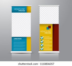 Roll up stand design. Vertical banner template for education, business, presentation, advertisement. Vector illustration. Blue, orange, and red color.