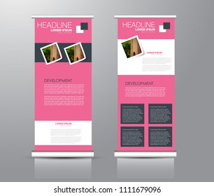 Roll up stand design. Vertical banner template for education, business, presentation, advertisement. Vector illustration. Pink color.