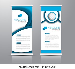 Roll up stand design. Vertical banner template for education, business, presentation, advertisement. Vector illustration. Blue color.