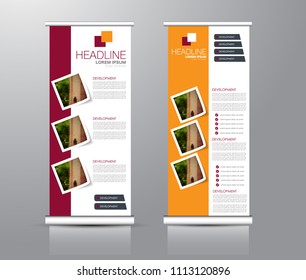Roll up stand design. Vertical banner template for education, business, presentation, advertisement. Vector illustration. Red and orange color.