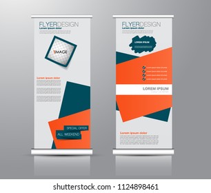 Roll up stand design. Vertical banner template for education, business, presentation, advertisement. Vector illustration. Blue and orange color.