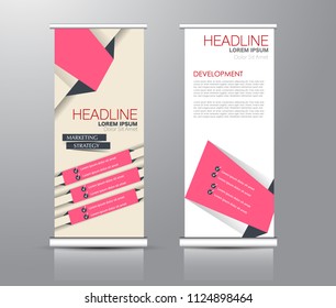 Roll up stand design. Vertical banner template for education, business, presentation, advertisement. Vector illustration. Pink color.