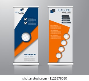 Roll up stand design. Vertical banner template for education, business, presentation, advertisement. Vector illustration. Blue and orange color.