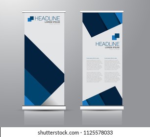 Roll up stand design. Vertical banner template for education, business, presentation, advertisement. Vector illustration. Blue color.