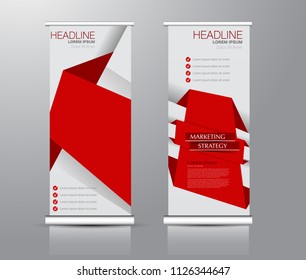 Roll up stand design. Vertical banner template for education, business, presentation, advertisement. Vector illustration. Red color.