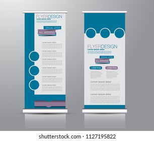 Roll up stand design. Vertical banner template for education, business, presentation, advertisement. Vector illustration. Blue color.