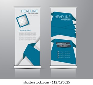 Roll up stand design. Vertical banner template for education, business, presentation, advertisement. Vector illustration. Blue color.