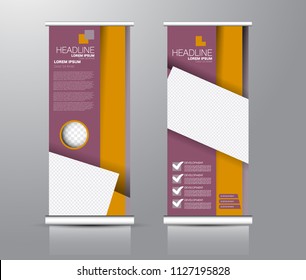 Roll up stand design. Vertical banner template for education, business, presentation, advertisement. Vector illustration. Pink and yellow color.