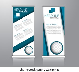 Roll up stand design. Vertical banner template for education, business, presentation, advertisement. Vector illustration. Blue color.