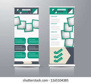 Roll up stand design. Vertical banner template for education, business, presentation, advertisement. Vector illustration. Green color.