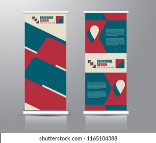 Roll up stand design. Vertical banner template for education, business, presentation, advertisement. Vector illustration. Blue and red color.