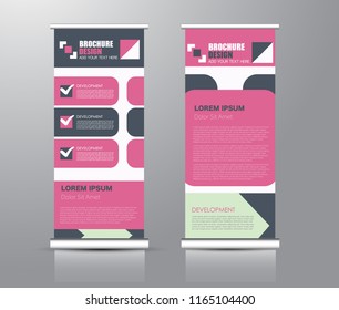Roll up stand design. Vertical banner template for education, business, presentation, advertisement. Vector illustration. Pink and green color.
