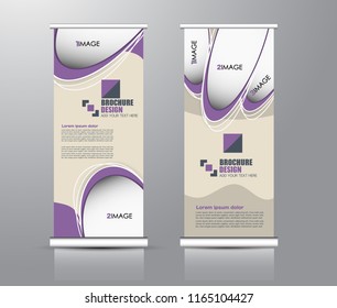 Roll up stand design. Vertical banner template for education, business, presentation, advertisement. Vector illustration. Purple color.