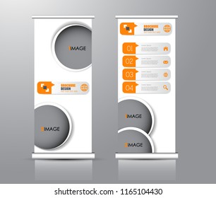 Roll up stand design. Vertical banner template for education, business, presentation, advertisement. Vector illustration. Orange color.