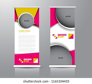 Roll up stand design. Vertical banner template for education, business, presentation, advertisement. Vector illustration. Pink and yellow color.