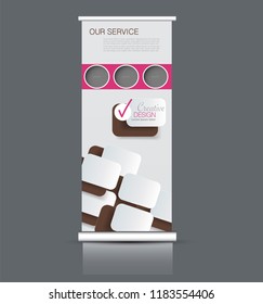 Roll up stand design. Vertical banner template. Vector illustration. Pink and brown color.