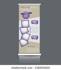 Roll up stand design. Vertical banner template. Vector illustration. Purple color.