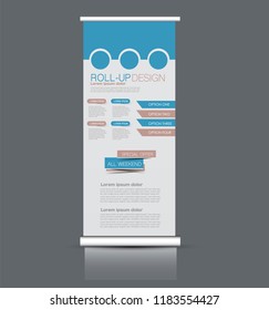 Roll up stand design. Vertical banner template. Vector illustration. Blue color.