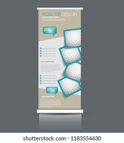 Roll up stand design. Vertical banner template. Vector illustration. Green color.