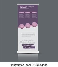 Roll up stand design. Vertical banner template. Vector illustration. Purple color.