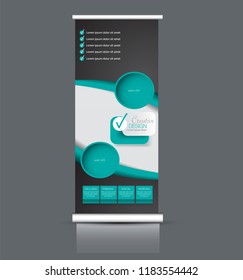 Roll up stand design. Vertical banner template. Vector illustration. Black and green color.