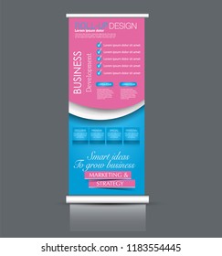Roll up stand design. Vertical banner template. Vector illustration. Blue and pink color.