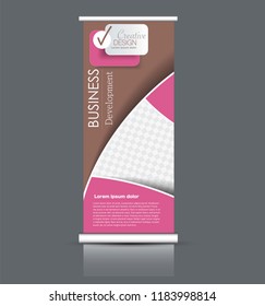 Roll up stand design. Vertical banner template. Vector illustration. Pink and brown color.