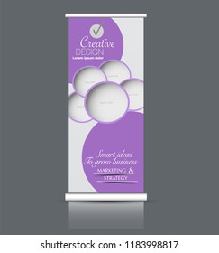 Roll up stand design. Vertical banner template. Vector illustration. Purple color.