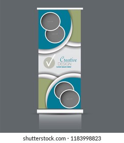 Roll up stand design. Vertical banner template. Vector illustration. Blue and green color.