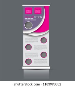 Roll up stand design. Vertical banner template. Vector illustration. Pink and purple color.