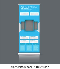 Roll up stand design. Vertical banner template. Vector illustration. Blue color.