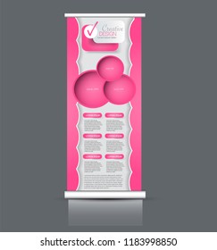 Roll up stand design. Vertical banner template. Vector illustration. Pink color.