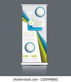 Roll up stand design. Vertical banner template. Vector illustration. Blue and green color.