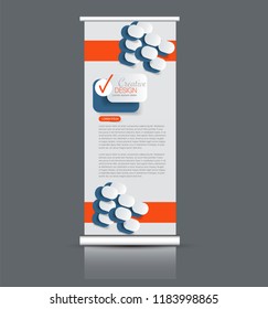 Roll up stand design. Vertical banner template. Vector illustration. Blue and orange color.