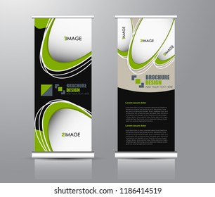 Roll up stand design. Vertical banner template for education, business, presentation, advertisement. Vector illustration. Black and green color.