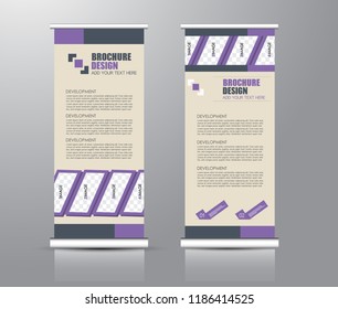 Roll up stand design. Vertical banner template for education, business, presentation, advertisement. Vector illustration. Purple color.