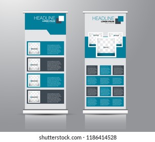 Roll up stand design. Vertical banner template for education, business, presentation, advertisement. Vector illustration.Blue color.
