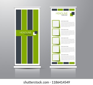 Roll up stand design. Vertical banner template for education, business, presentation, advertisement. Vector illustration. Green color.