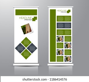 Roll up stand design. Vertical banner template for education, business, presentation, advertisement. Vector illustration. Green color.