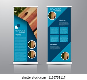 Roll up stand design. Vertical banner template for education, business, presentation, advertisement. Vector illustration.Blue color.