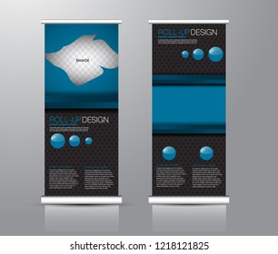 Roll up stand design. Vertical banner template for education, business, presentation, advertisement. Vector illustration. Black and blue color.