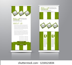 Roll up stand design. Vertical banner template for education, business, presentation, advertisement. Vector illustration. Green color.