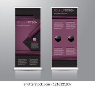 Roll up stand design. Vertical banner template for education, business, presentation, advertisement. Vector illustration. Black and purple color.