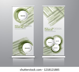 Roll up stand design. Vertical banner template for education, business, presentation, advertisement. Vector illustration. Green color.